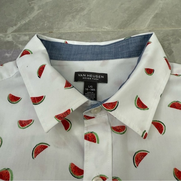 Men’s Van Heusen Never Tuck Watermelon Button Down Short Sleeve Shirt Large - Picture 9 of 16